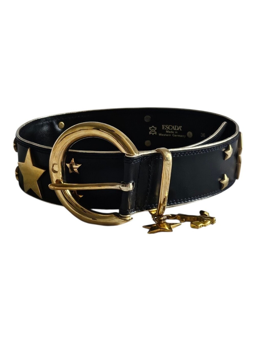 Vintage Escada Gold Star Studded Black Leather Belt Size